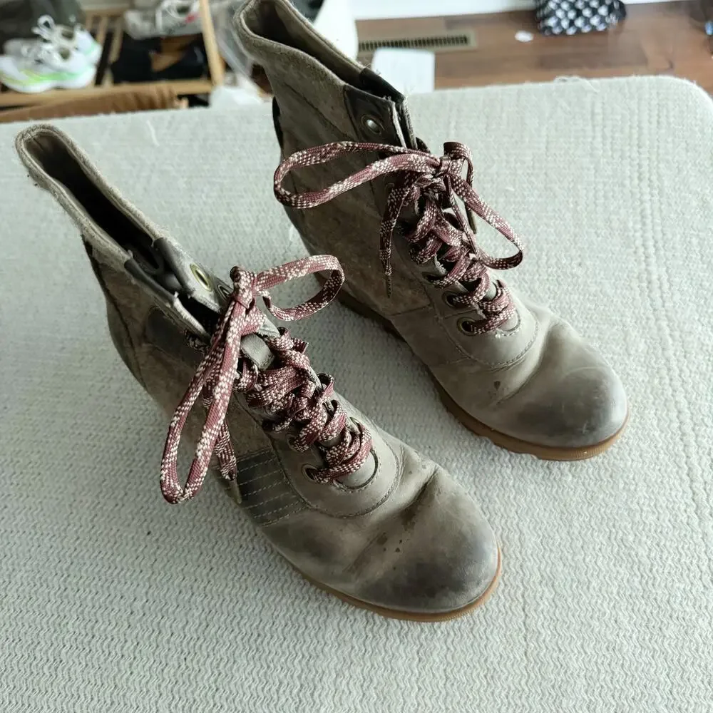 Sorel Brown Grey Wool Detail Lexie Wedge Ankle Bootie Size 8.5 Outdoor Gorp